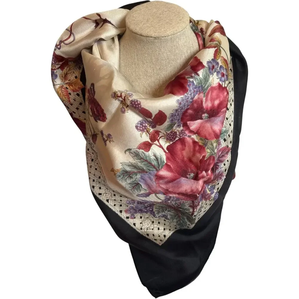 Silk Scarf 34” Square Floral Butterfly Black Ivory Burgundy EUC